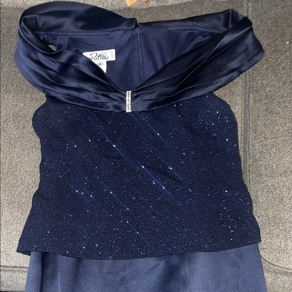 Elegant mother of Bride Midnight Blue Off-Shoulder Gown